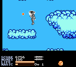 IronSword: Wizards & Warriors II (NES) screenshot: Bounce around on the puffy clouds for a while.