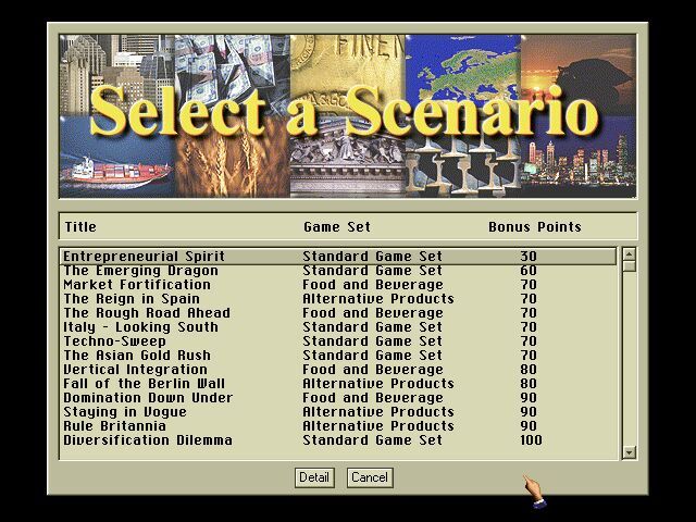 Capitalism Plus (Windows) screenshot: Scenario Menu