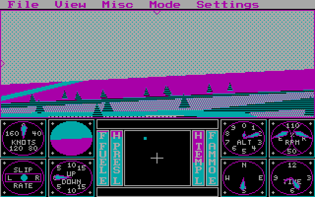 Sierra's 3-D Helicopter Simulator (DOS) screenshot: flying over farmland - CGA