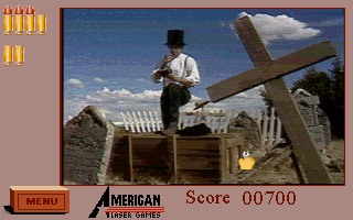 Mad Dog McCree (DOS) screenshot: 'That was an innocent woman you shot!'