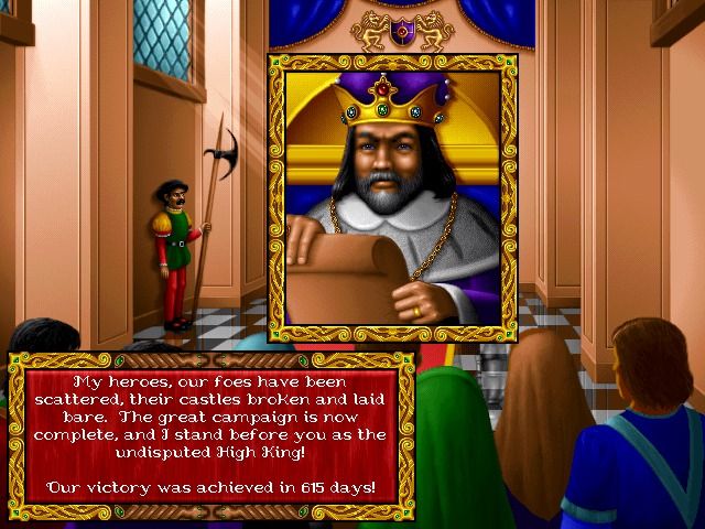 Heroes of Might and Magic (Windows) screenshot: King giving the status about the final victory and how long it took you to achieve it
