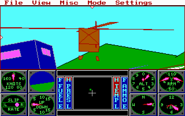 Sierra's 3-D Helicopter Simulator (DOS) screenshot: "chase-copter" view - EGA 320x200