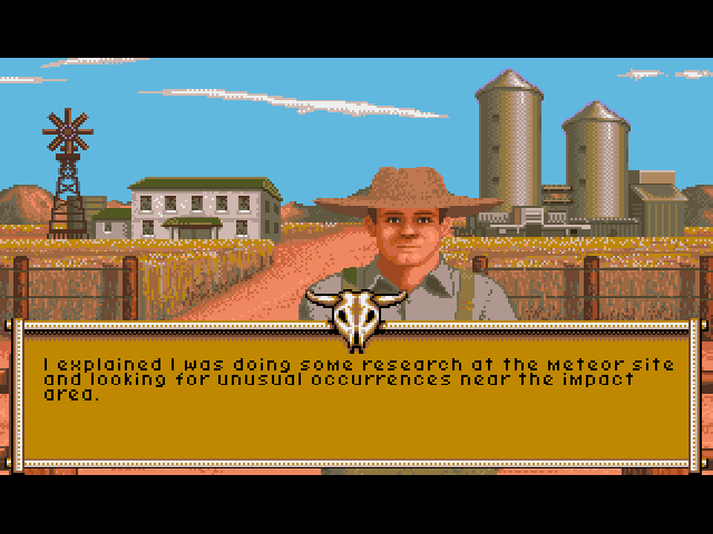 It Came from the Desert (Amiga) screenshot: Questioning the farmer. He may not be aware just how serious this is.