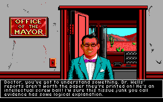 It Came from the Desert (DOS) screenshot: The mayor of our fair town. A real gerbil.