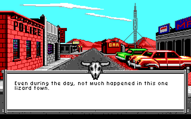 It Came from the Desert (DOS) screenshot: Welcome to Lizard Breath, a quite little town in for a big surprise