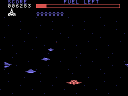 Buck Rogers: Planet of Zoom (TI-99/4A) screenshot: Fighting saucers in outer space