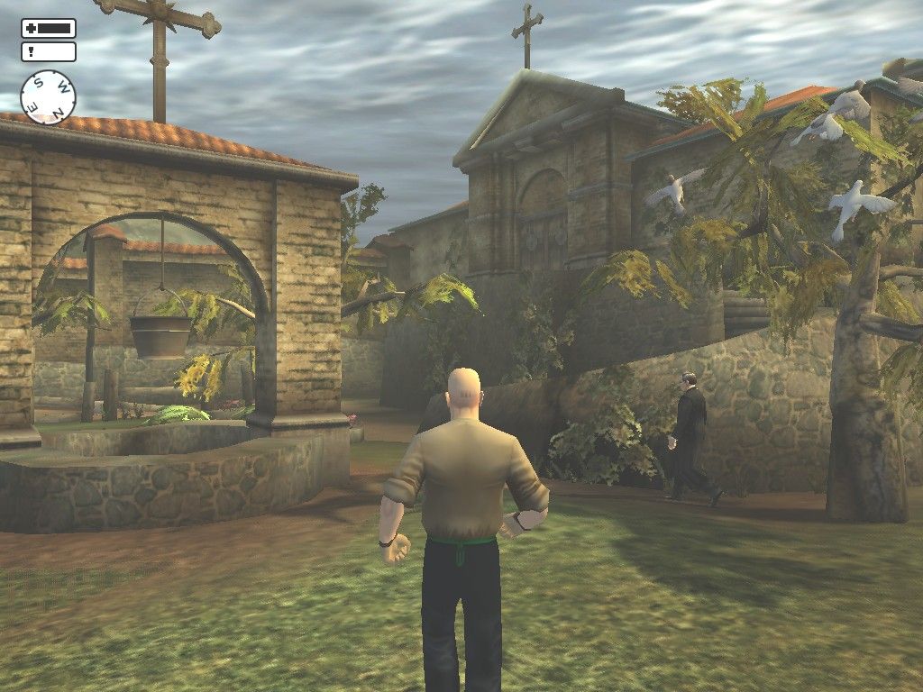 Hitman 2: Silent Assassin (Windows) screenshot: Mr. 47 begins the game as a humble gardener in the peaceful Gontranno Sanctuary, but circumstances will soon force him back to being the ol' killing machine we all know and love