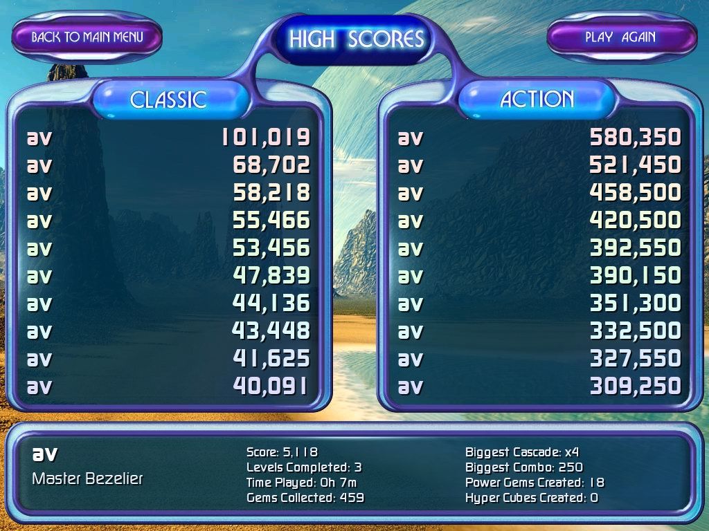 Bejeweled 2: Deluxe (Windows) screenshot: High scores and user stats