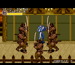 Captain Commando (SNES) screenshot: "Help! I am surrounded by Musashis!"