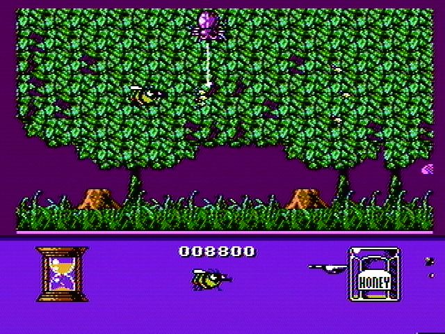 Bee 52 (NES) screenshot: Unfriendly bugs can hide in the trees and bushes