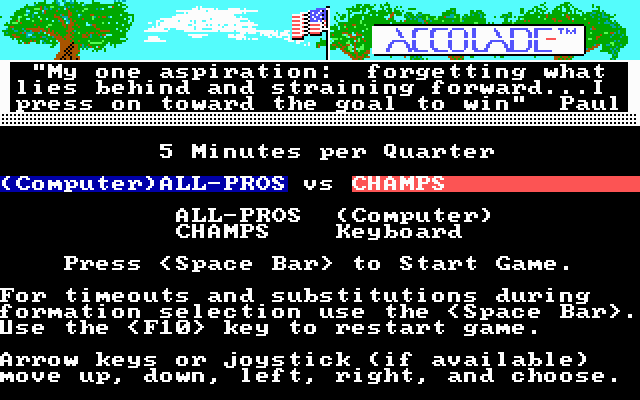 4th & Inches (DOS) screenshot: Get ready for a new game (EGA/Tandy)