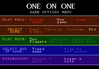 One-on-One (Atari 7800) screenshot: The game options menu
