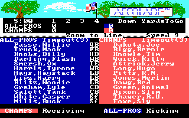 4th & Inches (DOS) screenshot: The teams (EGA/Tandy)