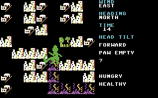Crush, Crumble and Chomp! (Commodore 64) screenshot: Goshzilla causing destruction and mayhem