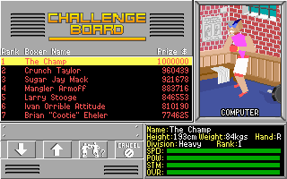4-D Boxing (DOS) screenshot: ...until you can fight the champ for 1 million dollars!
