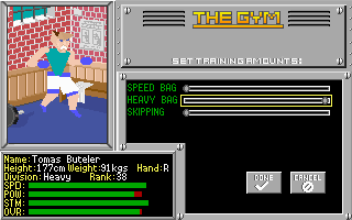 4-D Boxing (DOS) screenshot: Choose what skill to practice before every fight