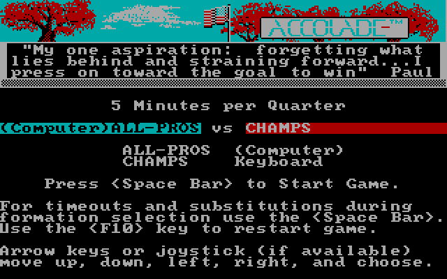 4th & Inches (DOS) screenshot: The main menu (CGA)