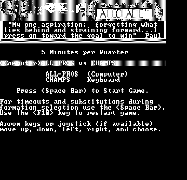 4th & Inches (DOS) screenshot: The main menu (Hercules Monochrome)
