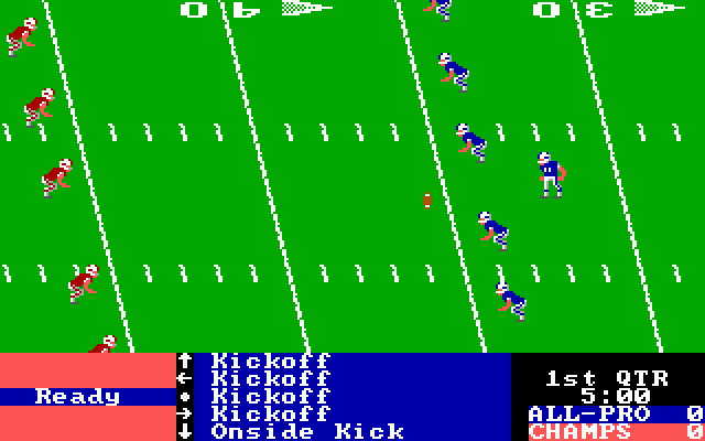 4th & Inches (DOS) screenshot: The kickoff (EGA/Tandy)