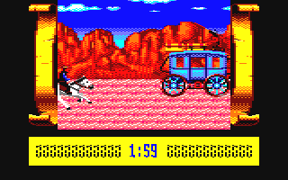 Buffalo Bill's Wild West Show (Amstrad CPC) screenshot: Stage coach rescue