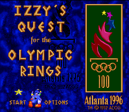Izzy's Quest for the Olympic Rings (SNES) screenshot: Title screen / Main menu.