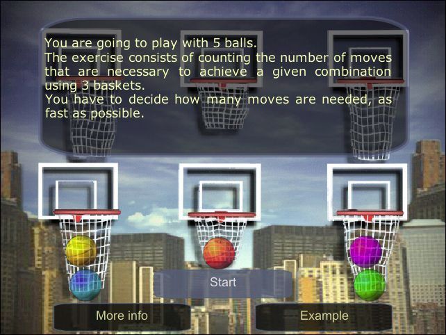 Test & Improve Your Memory (Windows) screenshot: The New York puzzle is based around basket balls. The player is shown two arrangements and must say how many moves it will take to change arrangement A into arrangement B