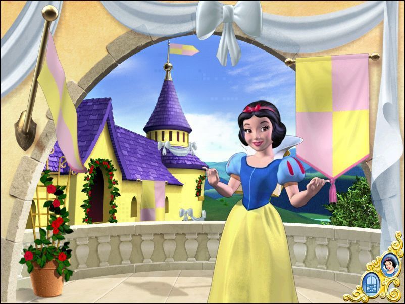 Disney Princess: Royal Horse Show (Windows) screenshot: The Royal Fairground Here Snow White is explaining that changing an item, such as the flag on the balcony, will change the flag that can be seen from the balcony