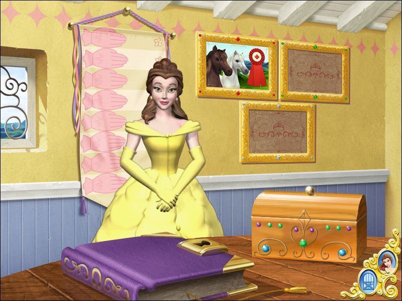 Disney Princess: Royal Horse Show (Windows) screenshot: The Craft Shop Here's Belle doing the introduction to this activity Behind her is a printable height chart and on the wall is the player's printable riding award