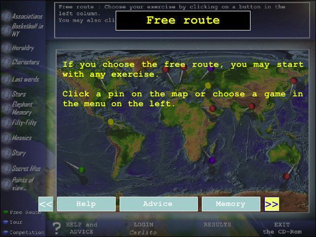 Test & Improve Your Memory (Windows) screenshot: Navigation within the game is via a geographic themed menu where each puzzle is associated with a location. This shows the Free Route option where the player can select any puzzle