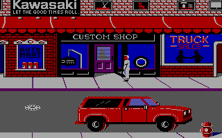 4x4 Off-Road Racing (DOS) screenshot: The marketplace (see the Kawasaki sign?)