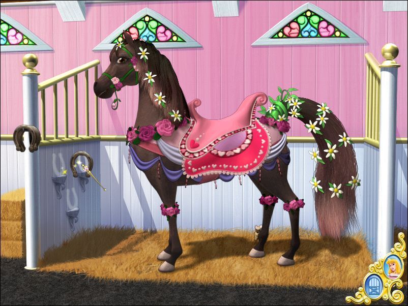 Disney Princess: Royal Horse Show (Windows) screenshot: In the Royal stables Here we have a well dressed horse. The magic horseshoes are used to save an outfit so that the player can recall/reuse it on another horse