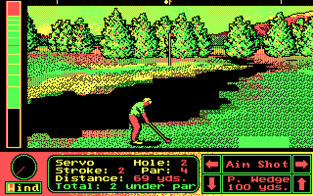 Jack Nicklaus' Greatest 18 Holes of Major Championship Golf (DOS) screenshot: Water in front of the green (CGA)
