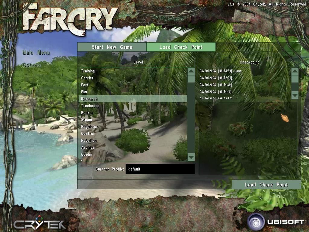 Far Cry (Windows) screenshot: Selecting a checkpoint.
