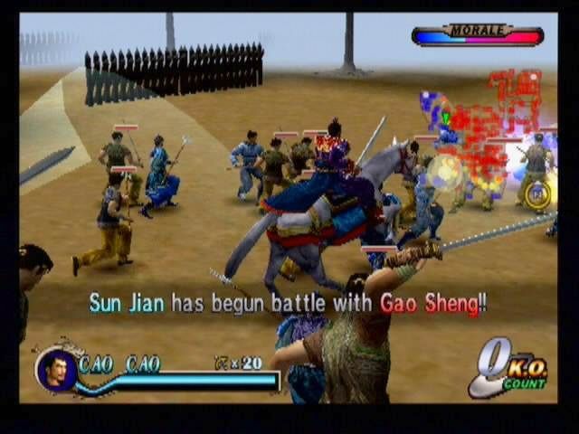 Dynasty Warriors 2 (PlayStation 2) screenshot: Must I do everything? While you'll have to concern yourself with the welfare of your men, it's not because they'll be of tremendous help in battle. Sometimes they'll stand around chatting with the enemy if you're not near.