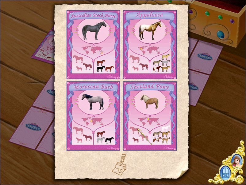 Disney Princess: Royal Horse Show (Windows) screenshot: In the Craft Shop The golden box contains horse cards that can, allegedly, be traded