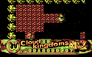 Cloud Kingdoms (DOS) screenshot: In Island Kingdom, you use the paintpots to "paint" new paths for yourself as you go. (CGA)
