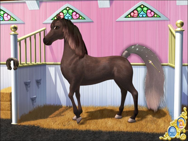Disney Princess: Royal Horse Show (Windows) screenshot: After some more explanation Aurora leaves the player to dress their selected horse The player moves the cursor over an area of the horse until it's highlighted and then clicks to see what's available
