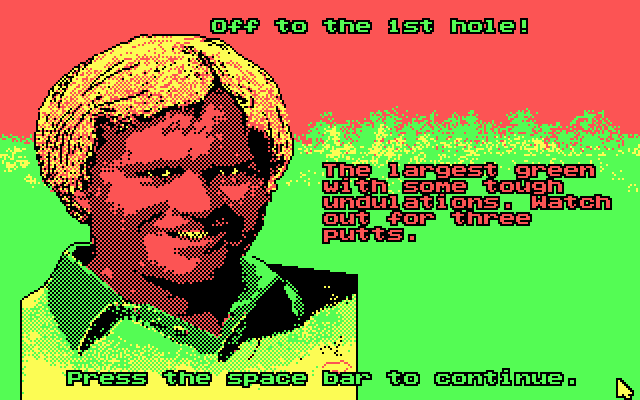 Jack Nicklaus' Unlimited Golf & Course Design (DOS) screenshot: A description of the upcoming hole (CGA)