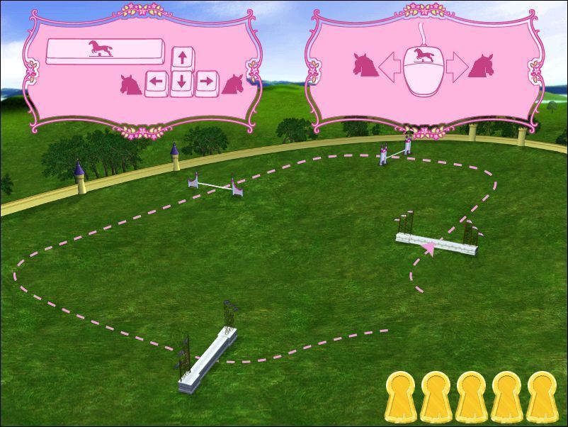 Disney Princess: Royal Horse Show (Windows) screenshot: The Royal Showground This shows the 'Ruby Circuit' and the controls. The circuit gets harder as the player progresses