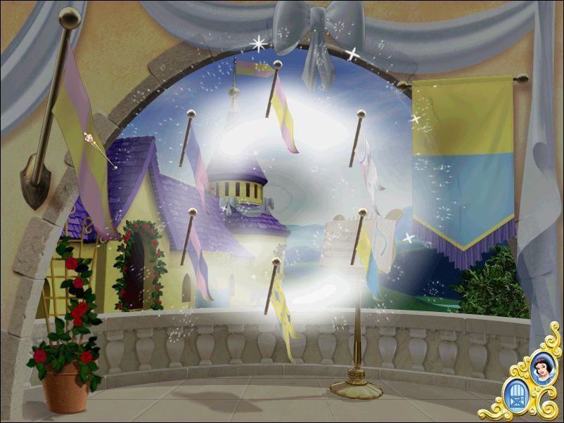 Disney Princess: Royal Horse Show (Windows) screenshot: The Royal Fairground Clicking on an item, such as the flag over on the left, brings up a menu of alternate items