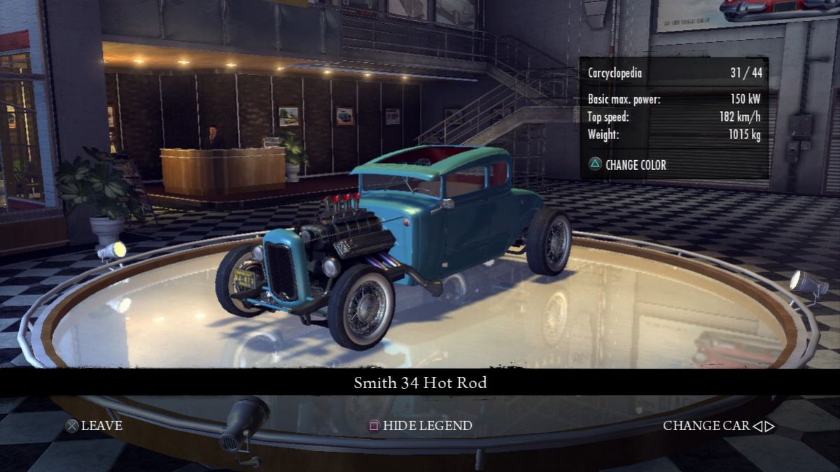 Mafia II: Greaser Pack (PlayStation 3) screenshot: Smith 34 Hot Rod, car display front view, cyan version