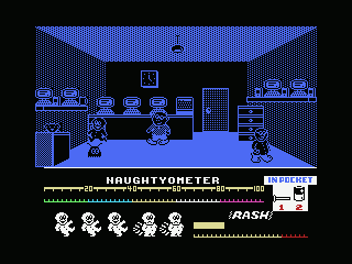 Jack the Nipper (MSX) screenshot: Use your battery on the mirror-like objects and blow up the computer
