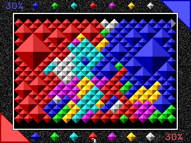 7 Colors (DOS) screenshot: An easy game with few, large diamonds. Players expand their territory by recoloring it to match adjancent stones.