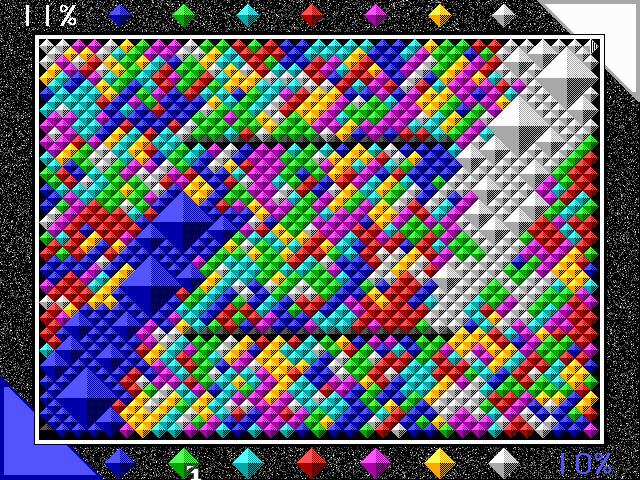7 Colors (DOS) screenshot: A big board with lots of diamonds and obstacles. Both players try to create a line to the opposite board border to fill the space in between.
