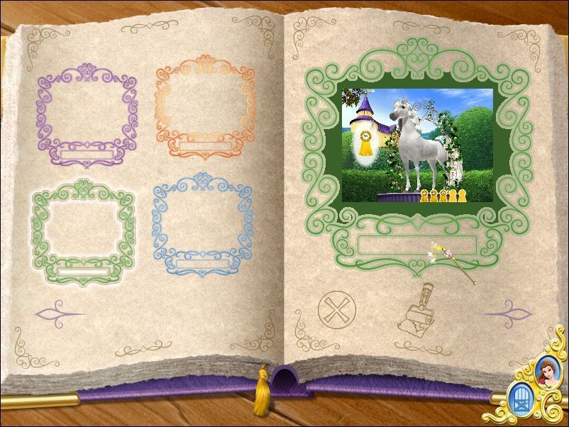 Disney Princess: Royal Horse Show (Windows) screenshot: In the Craft Shop The book contains certificates with changeable borders that can be printed.