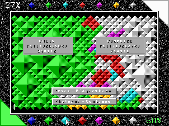 7 Colors (DOS) screenshot: The round ends when one player dominates half of the board.