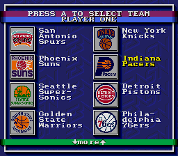 Bulls vs. Lakers and the NBA Playoffs (Genesis) screenshot: Team Selection. You can choose from 18 teams including two All-Star teams