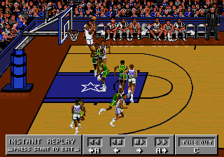 Bulls vs. Lakers and the NBA Playoffs (Genesis) screenshot: The new replay mode; Chuck Person high above the rim