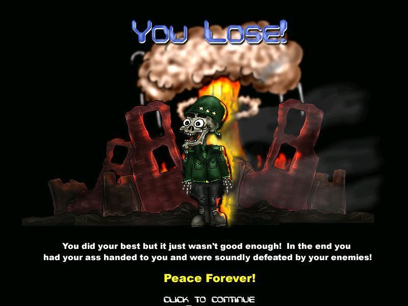 Power Mad (Windows) screenshot: Game Over Beaten by the combined might of the USA and Iraq