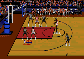 Bulls vs. Lakers and the NBA Playoffs (Genesis) screenshot: The new foul shooting meter; Hakeem at the line
